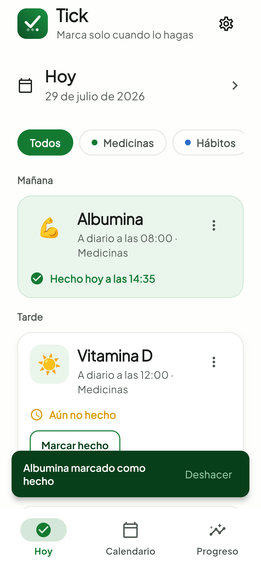 Marcar un elemento como hecho en Tick