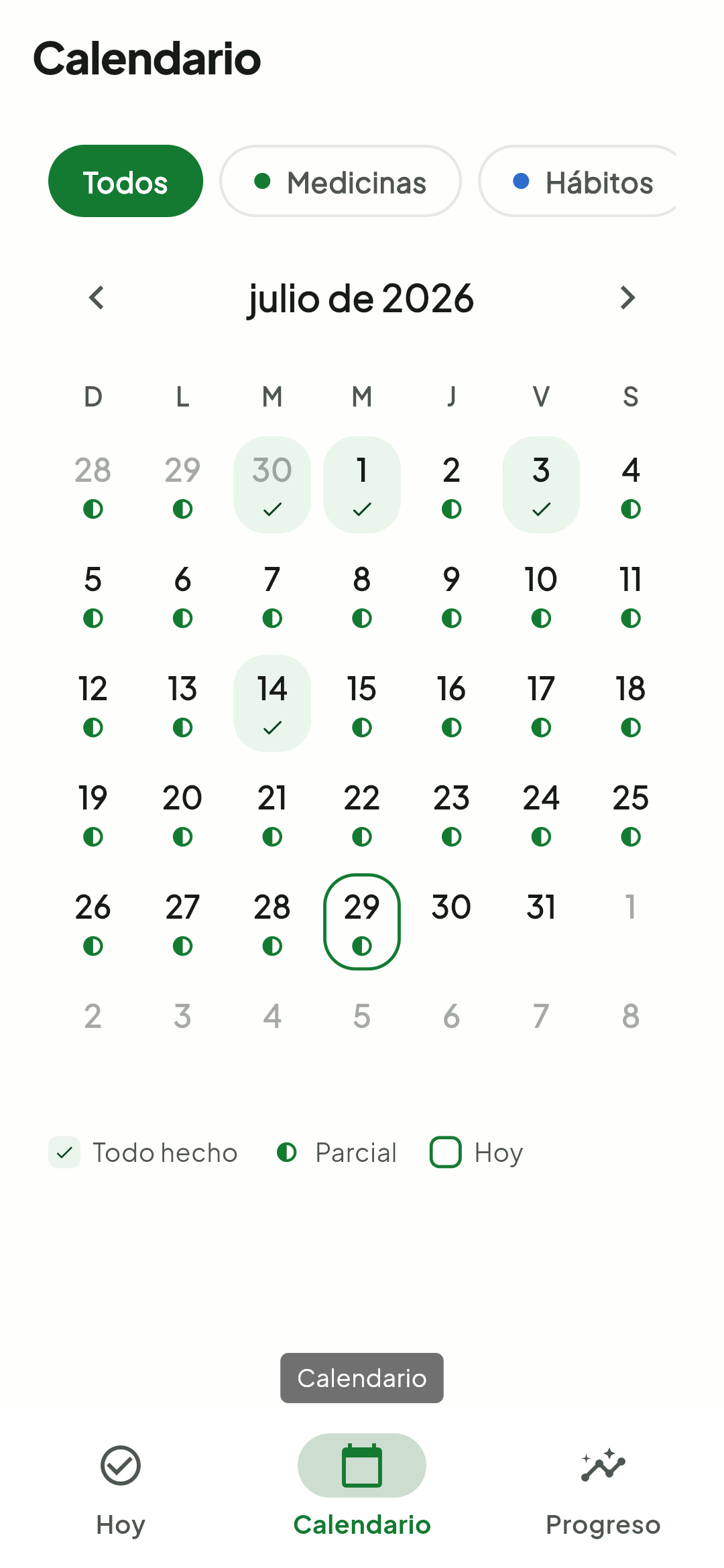 Calendario mensual de Tick