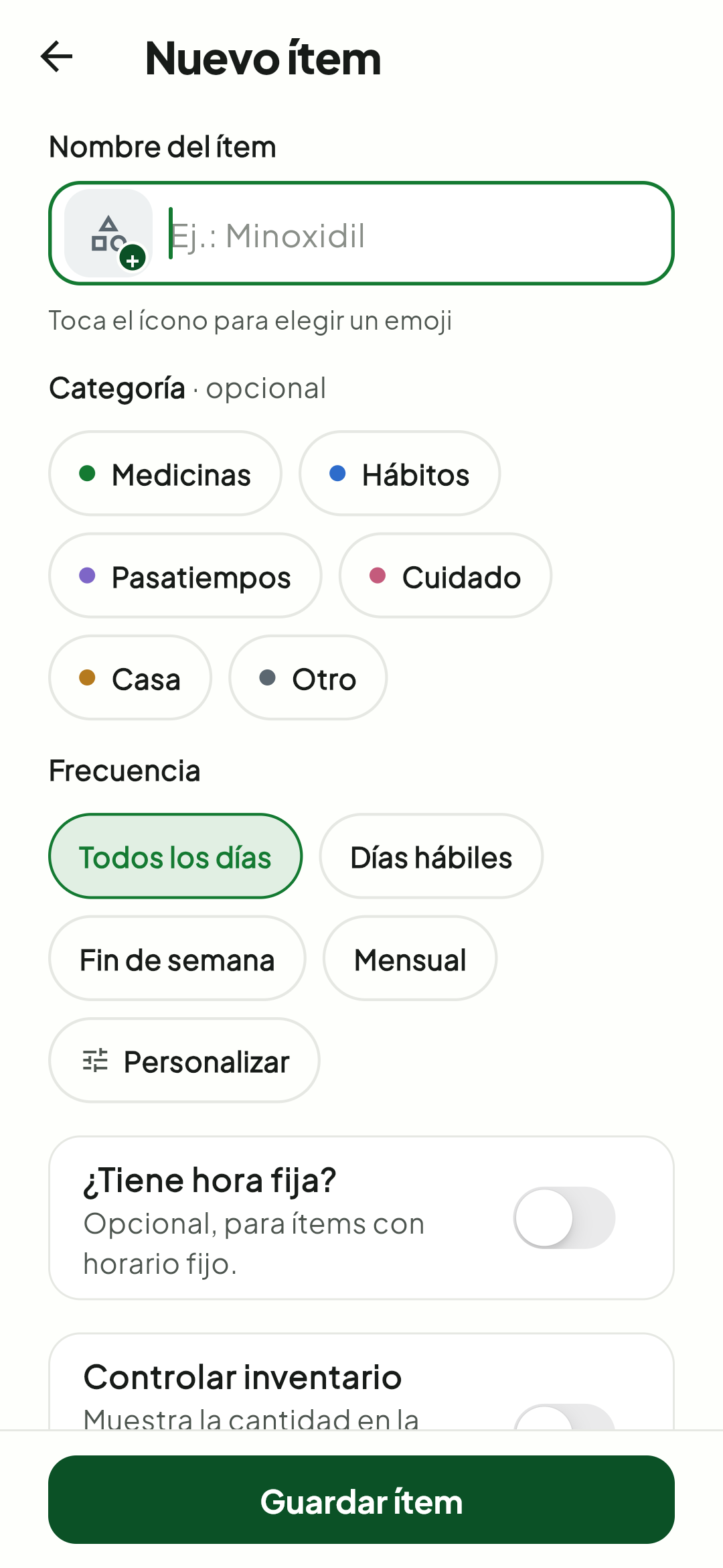 Crear un nuevo elemento en Tick
